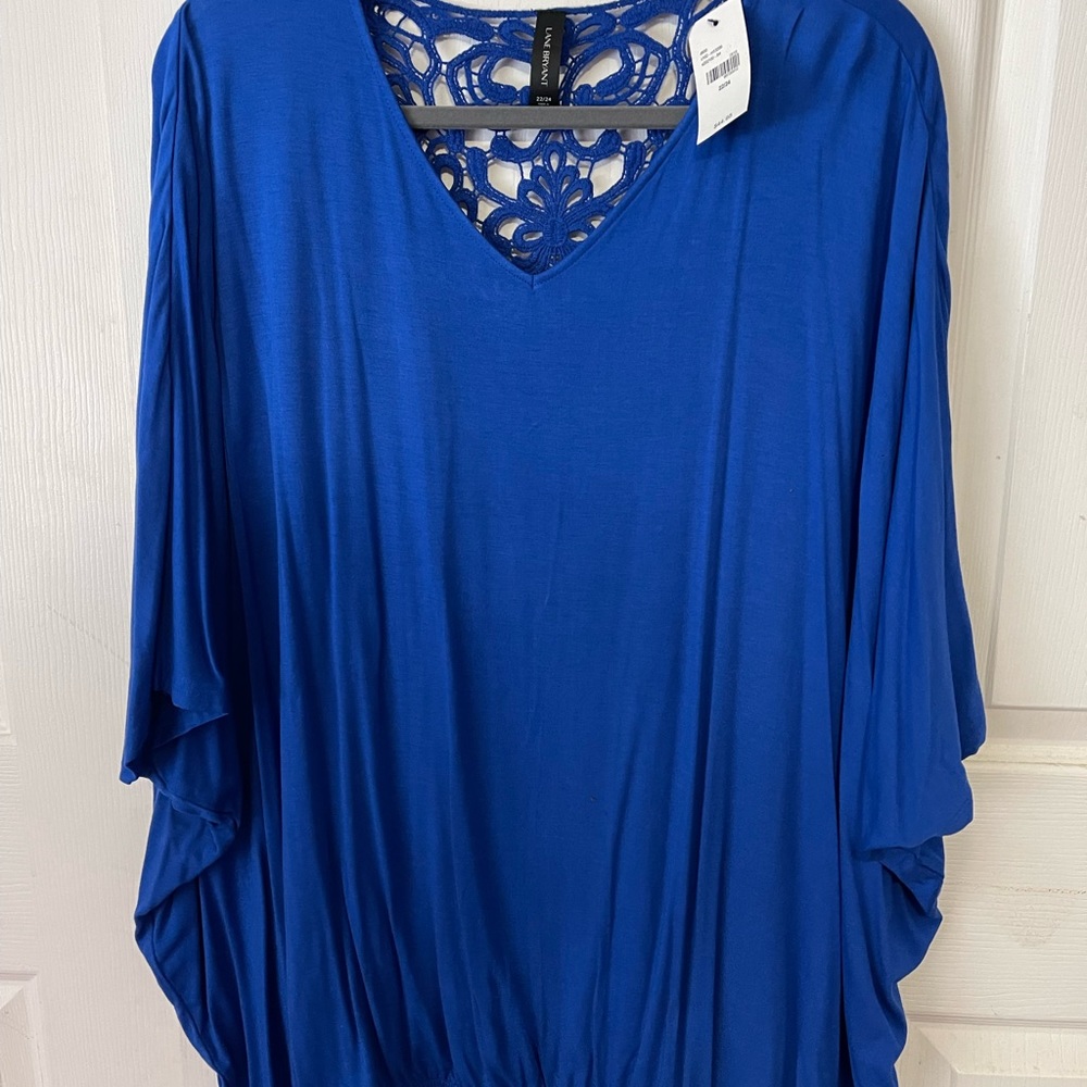 Lane Bryant 22/24 Blue, short sleeve, elastic bottom, lace detail back, new, tag
